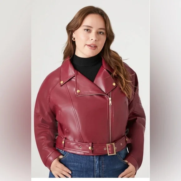 Forever 21 Cropped Belted Zip-Up Faux Lather Moto Jacket | New without Tags - Picture 3 of 8